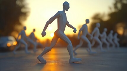 Artistic silhouette of humanoid figures in motion during sunset, symbolizing progress and determination.