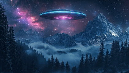 UFO over misty mountains and forest, glowing in a starry sky with colorful nebulae above