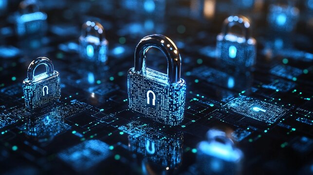 Cybersecurity code matrix with flowing green and blue digital data encrypted codes floating on a dark background with locks symbolizing protection Large space for text in center Stock photo with copy