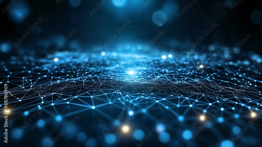 Aufkleber Data flow through a futuristic digital grid with glowing blue energy lines symbolizing advanced technology and network connectivity Large space for text in center Stock photo with copy space