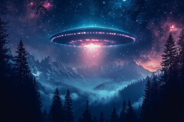 UFO over misty mountains and forest, glowing in a starry sky with colorful nebulae above