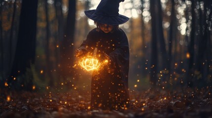 Fototapeta premium Young Witch Casting a Spell with Sparks in a Forest
