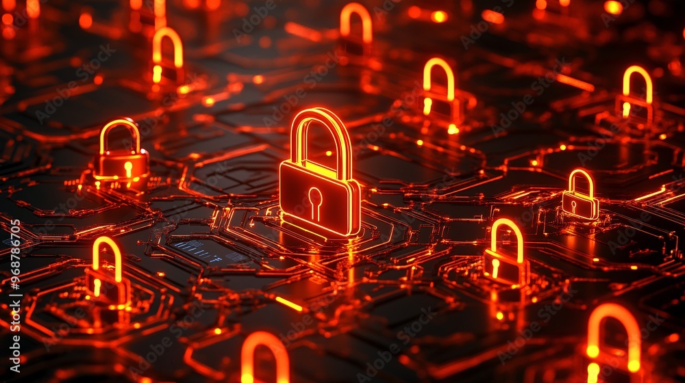 Aufkleber Cyber matrix of encrypted data and floating locks representing protection and cybersecurity advanced tech and network safety Large space for text in center Stock photo with copy space