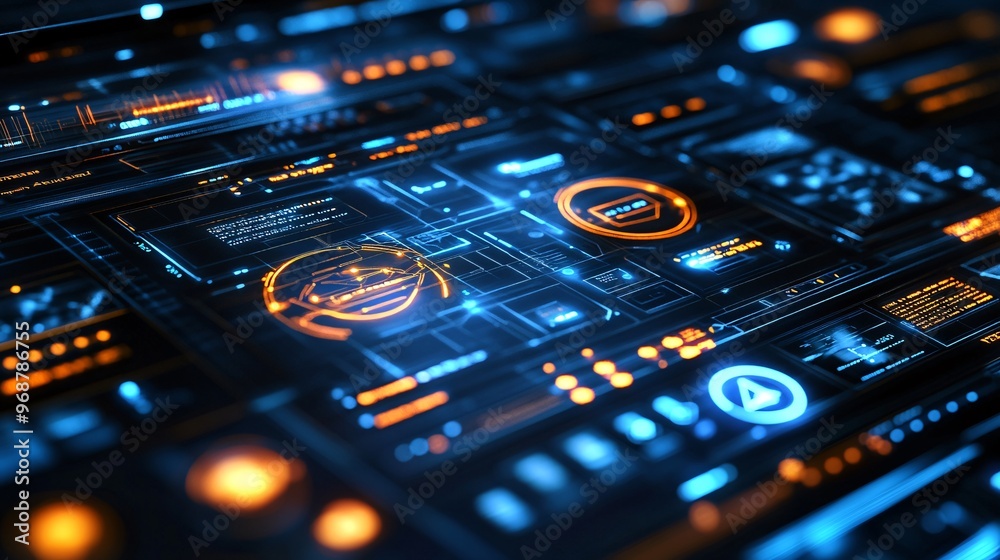 Poster Futuristic holographic interface with transparent floating buttons and touchscreens 3D user interaction elements for a high-tech digital experience Large space for text in center Stock photo with