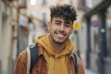 Fototapeta premium Confident young Hispanic man smiling on street.