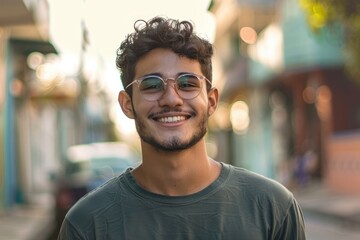 Obraz premium Confident young Hispanic man smiling on street.