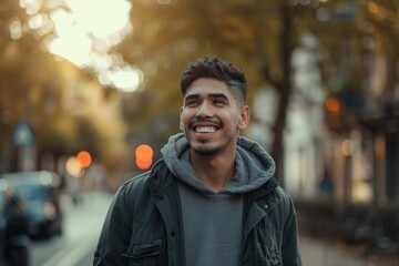 Fototapeta premium Confident young Hispanic man walking on street smiling.