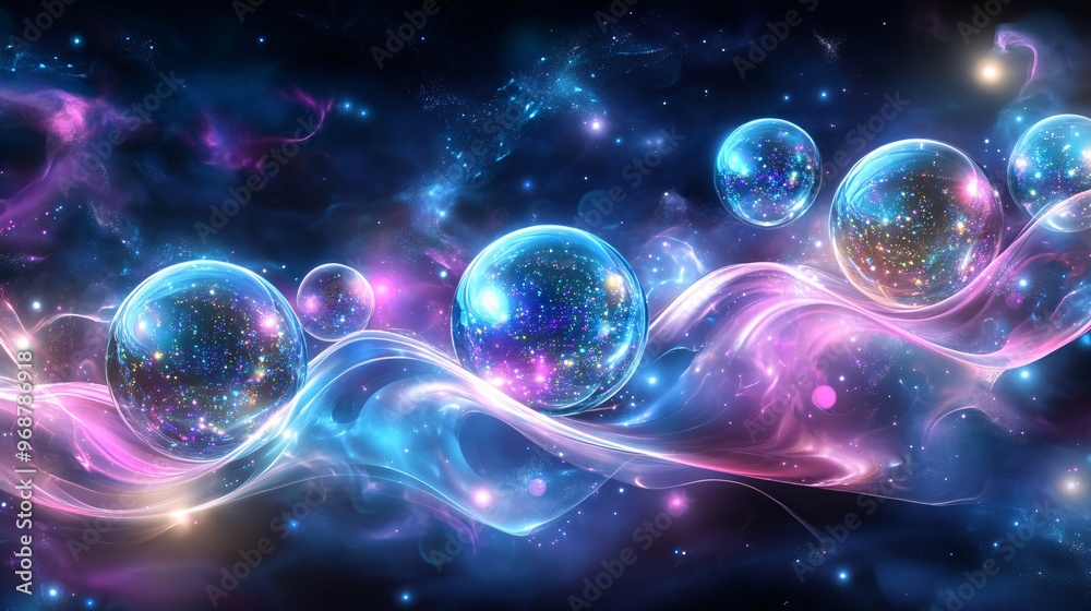 Aufkleber Abstract flowing particles and energy waves representing data and quantum computing futuristic technology with glowing orbs symbolizing qubits Large space for text in center Stock photo with copy
