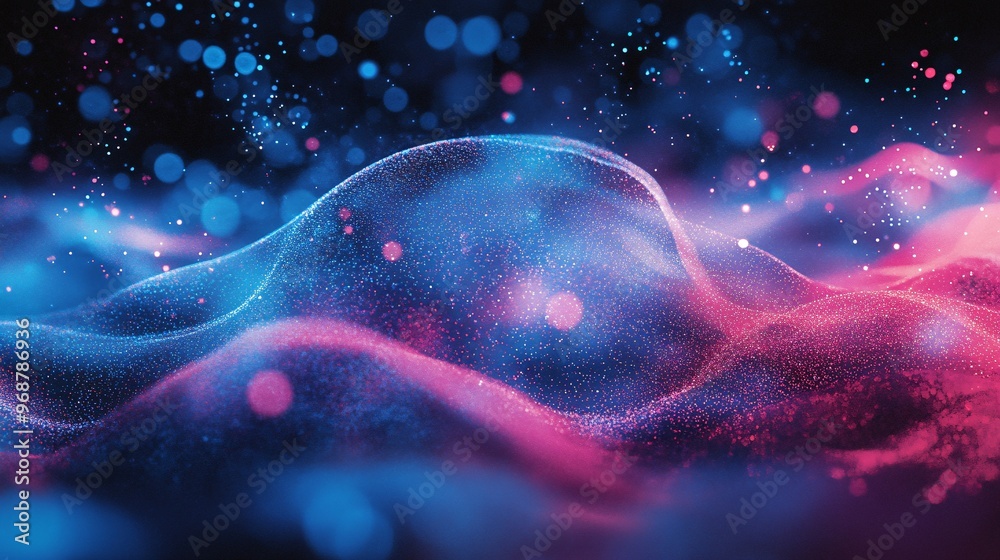 Poster Abstract flowing particles and energy waves representing data and quantum computing futuristic technology with glowing orbs symbolizing qubits Large space for text in center Stock photo with copy