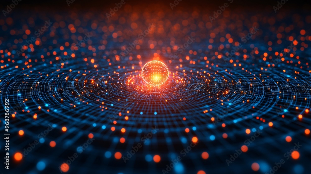 Aufkleber Interconnected nodes and glowing lines representing neural networks and AI processes futuristic data-driven tech concept Large space for text in center Stock photo with copy space
