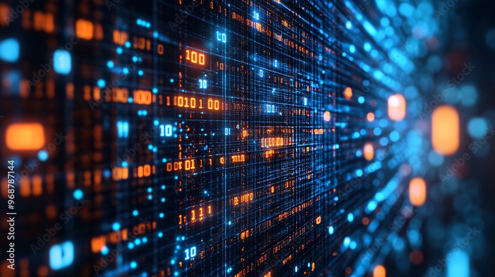 Aufkleber Cybersecurity matrix background with encrypted codes floating in a tech-inspired dark scene green and blue tones symbolize protection and safety Large space for text in center Stock photo with copy
