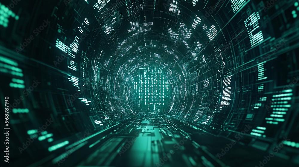 Poster Cybersecurity matrix background with encrypted codes floating in a tech-inspired dark scene green and blue tones symbolize protection and safety Large space for text in center Stock photo with copy