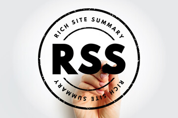 RSS Rich Site Summary - web feed that allows users and applications to access updates to websites in a standardized, computer-readable format, acronym text stamp concept background