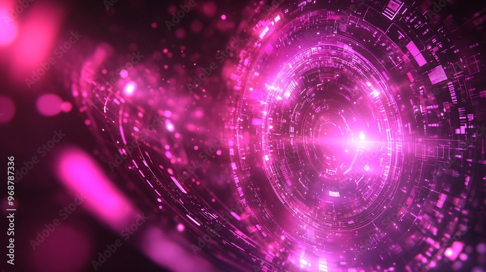 Poster Futuristic holographic data displays floating in 3D space touchable interface symbols in a sleek modern environment for advanced UI interaction Large space for text in center Stock photo with copy