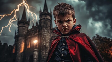 Fototapeta premium Young Vampire Boy in Red Cape Before a Castle