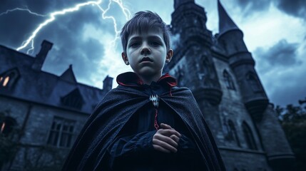 Obraz premium Young Boy in Vampire Costume Standing in Front of an Old Castle with a Lightning Storm in the Background