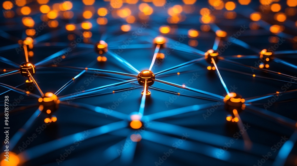 Aufkleber Neural network structure with bright nodes and interconnected lines forming an abstract web of machine learning and AI processes futuristic concept Large space for text in center Stock photo with