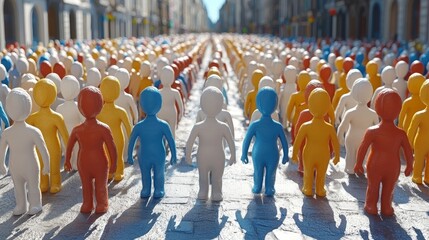 Obraz premium Colorful figurines gather in a vibrant street scene, symbolizing unity and diversity among communities.
