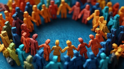 Colorful figurines holding hands in a circular formation, symbolizing unity, diversity, and teamwork in a creative concept.