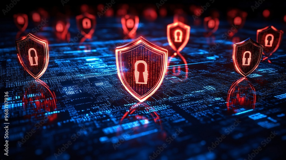 Poster Cybersecurity-themed matrix of encrypted code floating locks and shields symbolizing protection and network security digital tech background Large space for text in center Stock photo with copy space