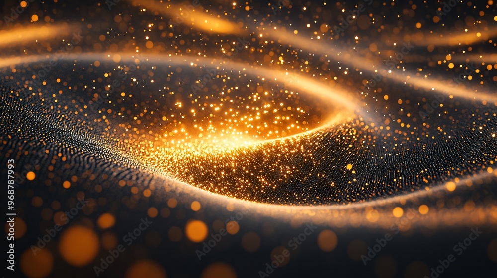 Poster Abstract digital particles flowing in an interconnected grid-like structure symbolizing data transfer in a futuristic tech landscape Large space for text in center Stock photo with copy space