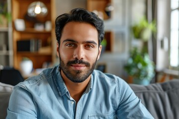 Obraz premium Confident Indian Hispanic man posing in modern living room.