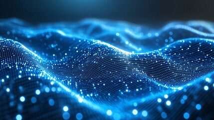 Abstract digital particles flowing in an interconnected grid-like structure symbolizing data transfer in a futuristic tech landscape Large space for text in center Stock photo with copy space