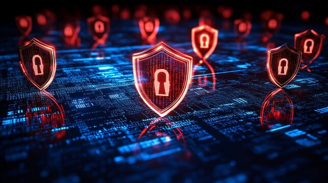 Cybersecurity-themed matrix of encrypted code floating locks and shields symbolizing protection and network security digital tech background Large space for text in center Stock photo with copy space