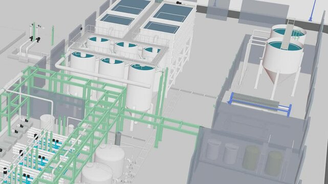 Water treatment plant, seamless 3d loop animation, filtration system