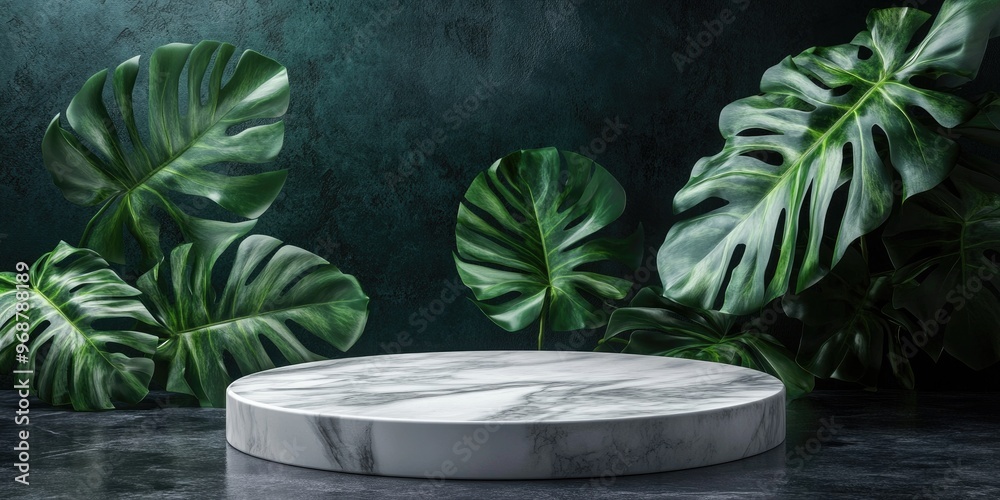 Canvas Prints Natural leaf against a dark background featuring a white marble podium mockup empty platform for product display and presentation 3D rendering