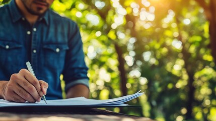 Close up of a man signing a document at green park background