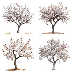 Obraz premium Series of Seasonal Trees in Watercolor Isolated on Transparent Background, Ideal for Educational and Environmental Artworks
