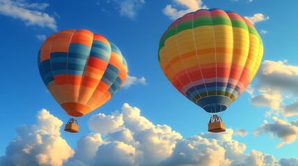 Fototapeta premium Colorful hot air balloons floating in a bright blue sky filled with fluffy clouds, perfect for travel and adventure themes.