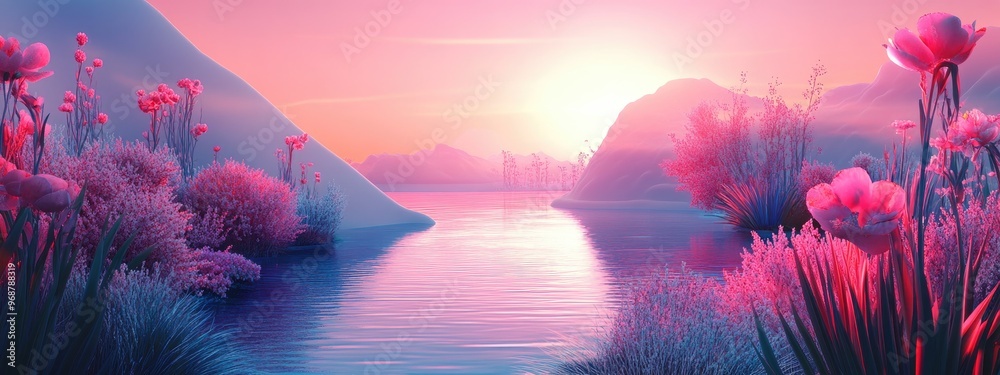 Poster Abstract landscape scene depicting spring and summer with geometric shapes featuring a lake and floral elements 3D rendering