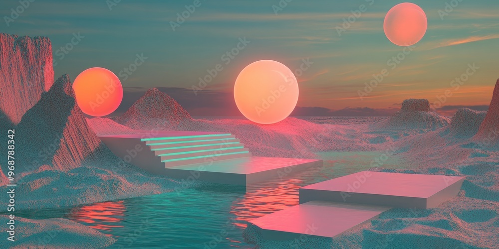 Fototapete Surreal 3D rendering of a landscape featuring neon shapes in water and vibrant sand with a podium and abstract objects in the background creating a futuristic fantasy setting