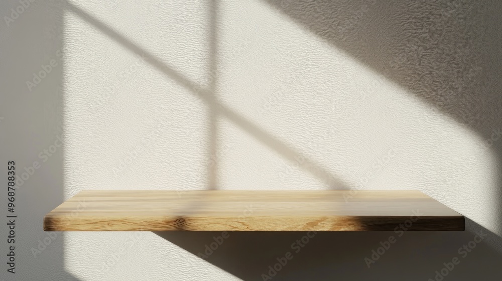 Poster a simple wooden board or tabletop is positioned against a white wall with sunlight creating shadows 