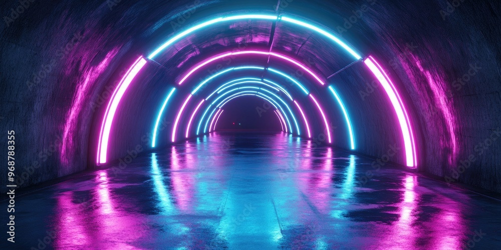 Poster futuristic neon lit stage with glowing laser lights in a dark vibrant setting featuring blue purple 