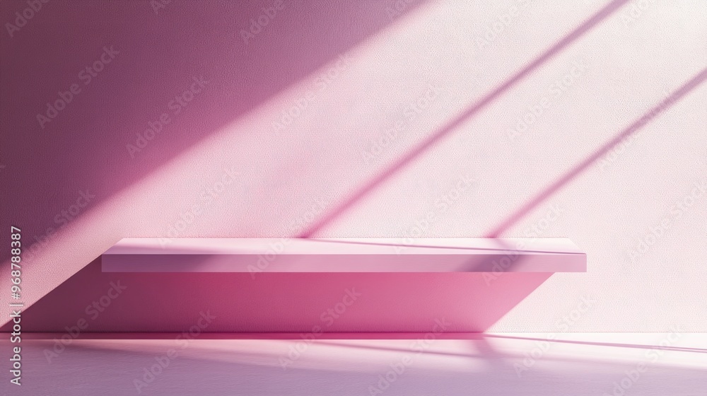 Poster Minimal pink display shelf against a pastel pink wall background creating a shadow effect in a conceptual 3D rendering