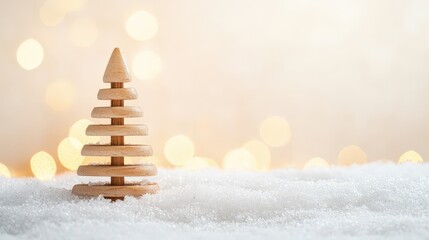 Sapin en bois minimaliste sur neige avec fond lumineux dor&eacute;