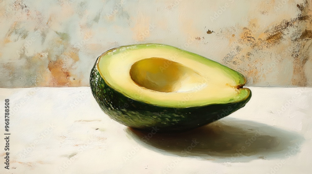 Poster a single halved avocado on a white surface with a painted background