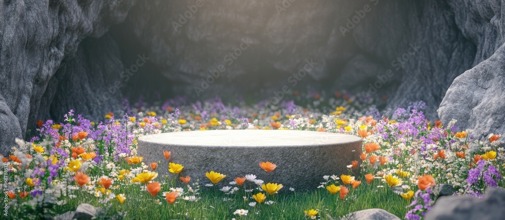 Poster Abstract 3D rendered spring scene featuring a stone podium surrounded by a vibrant field of wildflowers set within a cave ideal for product display or mockup purposes