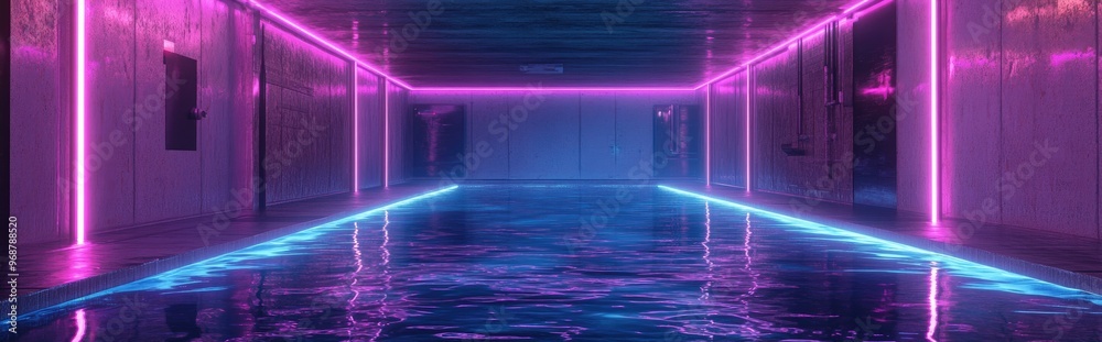 Poster futuristic sci fi room with neon lasers featuring a reflective water surface in a cybernetic undergr
