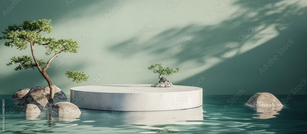 Poster cylindrical concrete podium for product display on rippled water featuring a sea green background ad