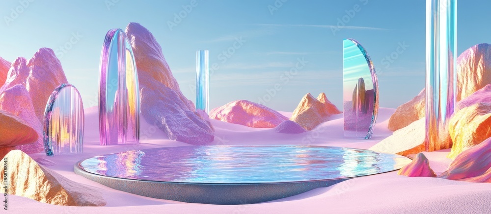 Aufkleber Surreal landscape rendered in 3D featuring a circular podium surrounded by water and vibrant sand The backdrop includes abstract glass and mirror shapes and objects creating a futuristic fantasy sc