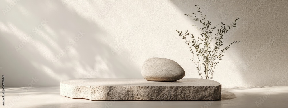 Poster mockup featuring a stone and small plant creating a display podium for cosmetic products 3d renderin