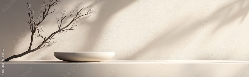 Poster Premium podium on a soft background for product showcase featuring an abstract geometric arrangement with a branch and shadow on the wall 3D render Mockup for showcases and promotional purposes