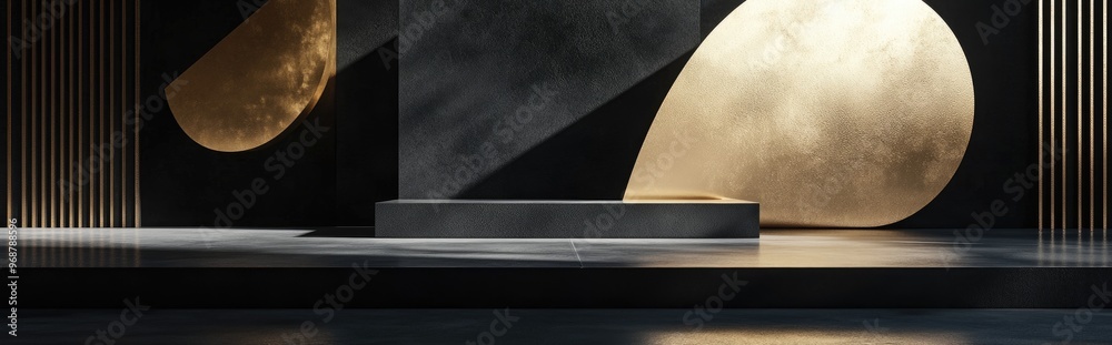 Aufkleber minimalist black and gold empty display featuring abstract geometric shapes side perspective view 3d