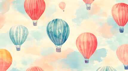 Obraz premium Watercolor Hot Air Balloons in Pastel Sky with Clouds