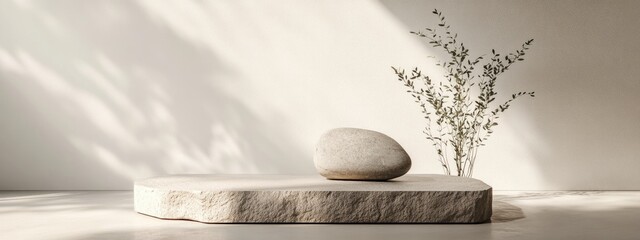 Mockup featuring a stone and small plant creating a display podium for cosmetic products 3D rendering