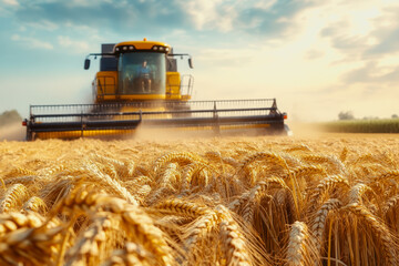 Fototapeta premium Combine harvester in a golden wheat field during harvest under the warm sunlight